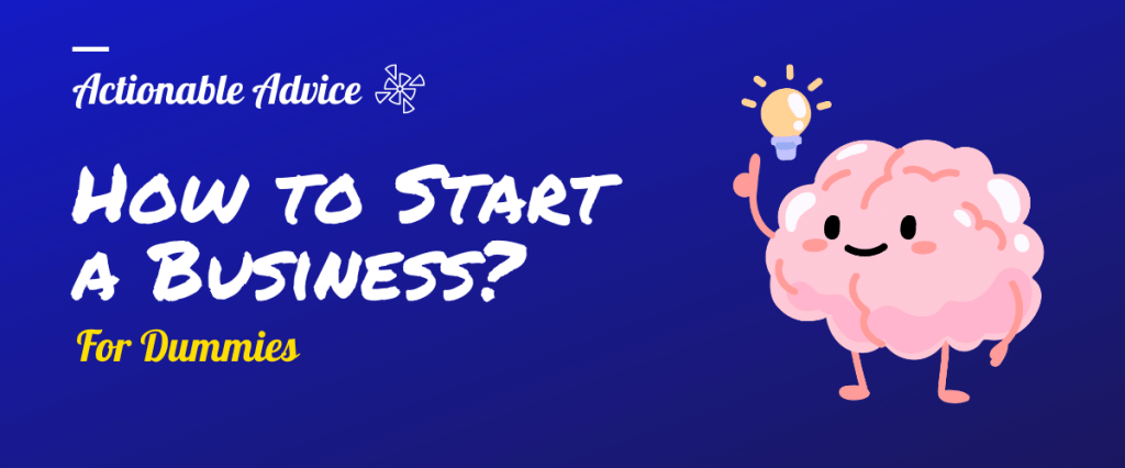pink brain cartoon with a yellow bulb over its head to describe starting a business all in one for dummies blog post