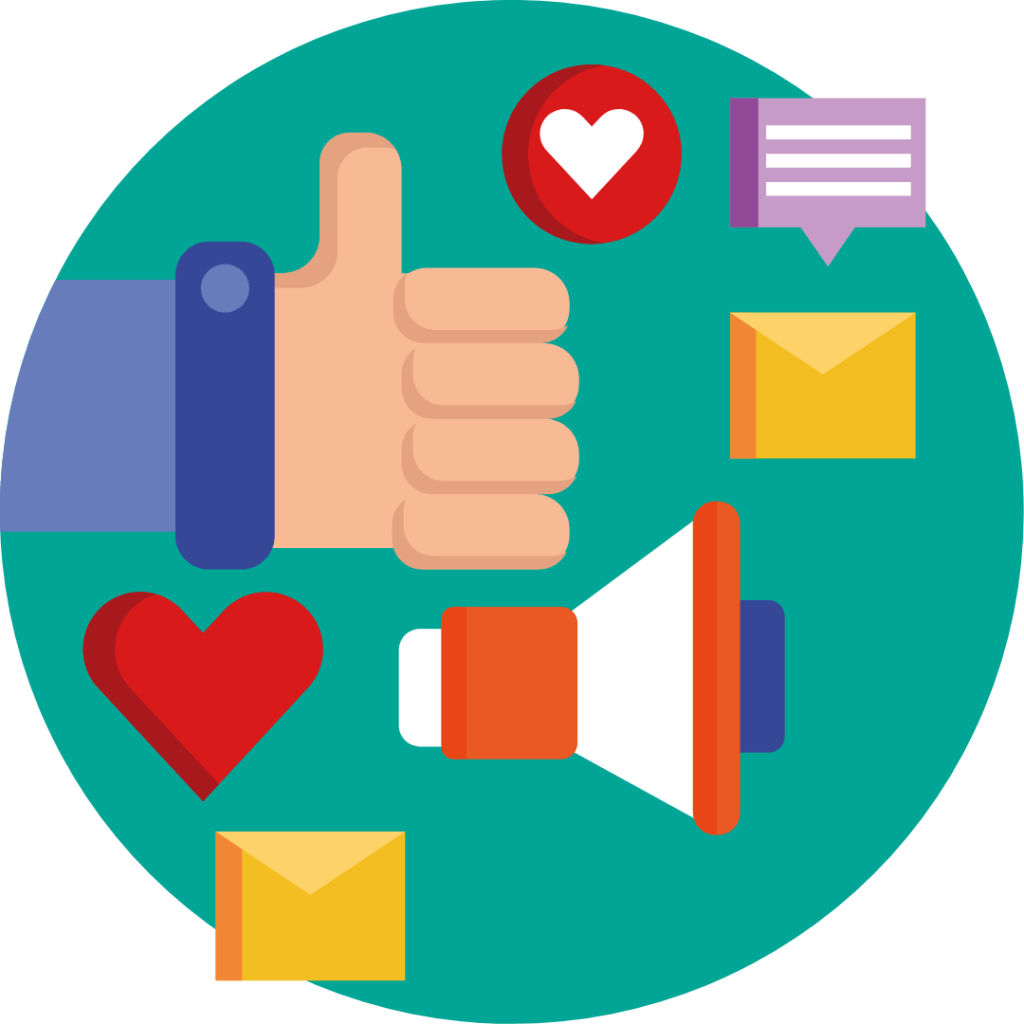 thumbs up love heart and other icons representing marketing in a green circle