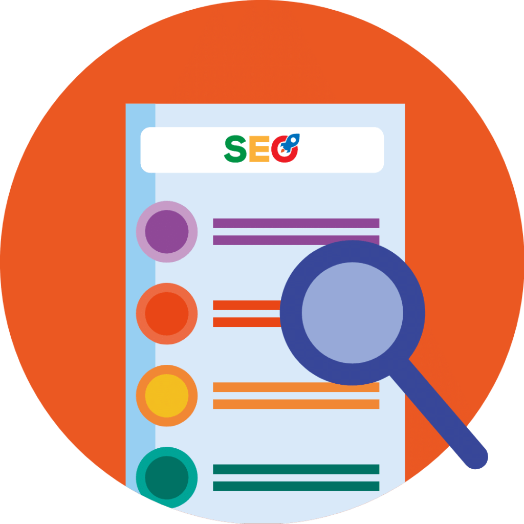 seo report icon and a magnifying glass in an orange circle